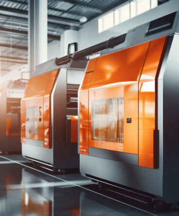 A gleaming industrial printer with orange panels stands ready in A gleaming industrial printer with orange panels stands ready in a bright, high-tech factory.