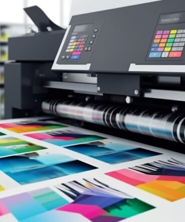 Modern printing press produces multi colored printouts accurately generated by AI Modern printing press produces multi colored printouts accurately generated by artificial intelligence